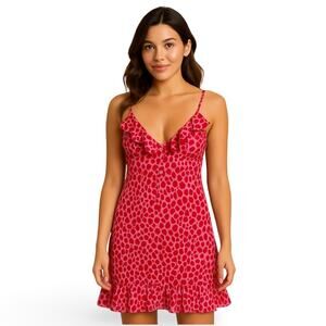 Y2K Private Luxuries Red Pink Heart Print Ruffle Lingerie Slip Dress Size M